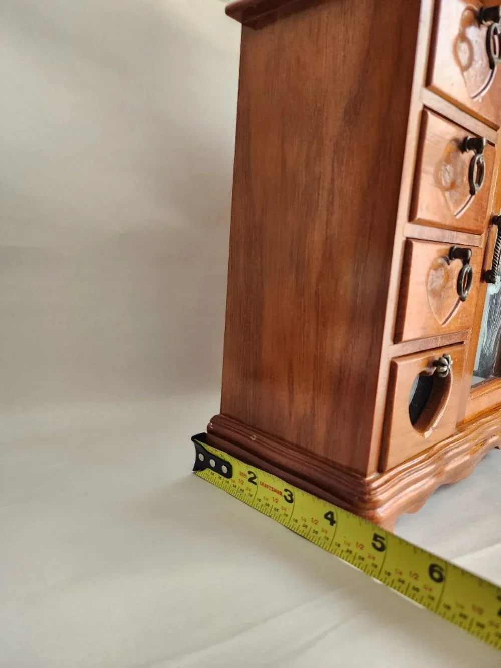 Vintage Jewely Box Wood Heart Jewelry Armoire Etched Floral Mirror 4 Drawers